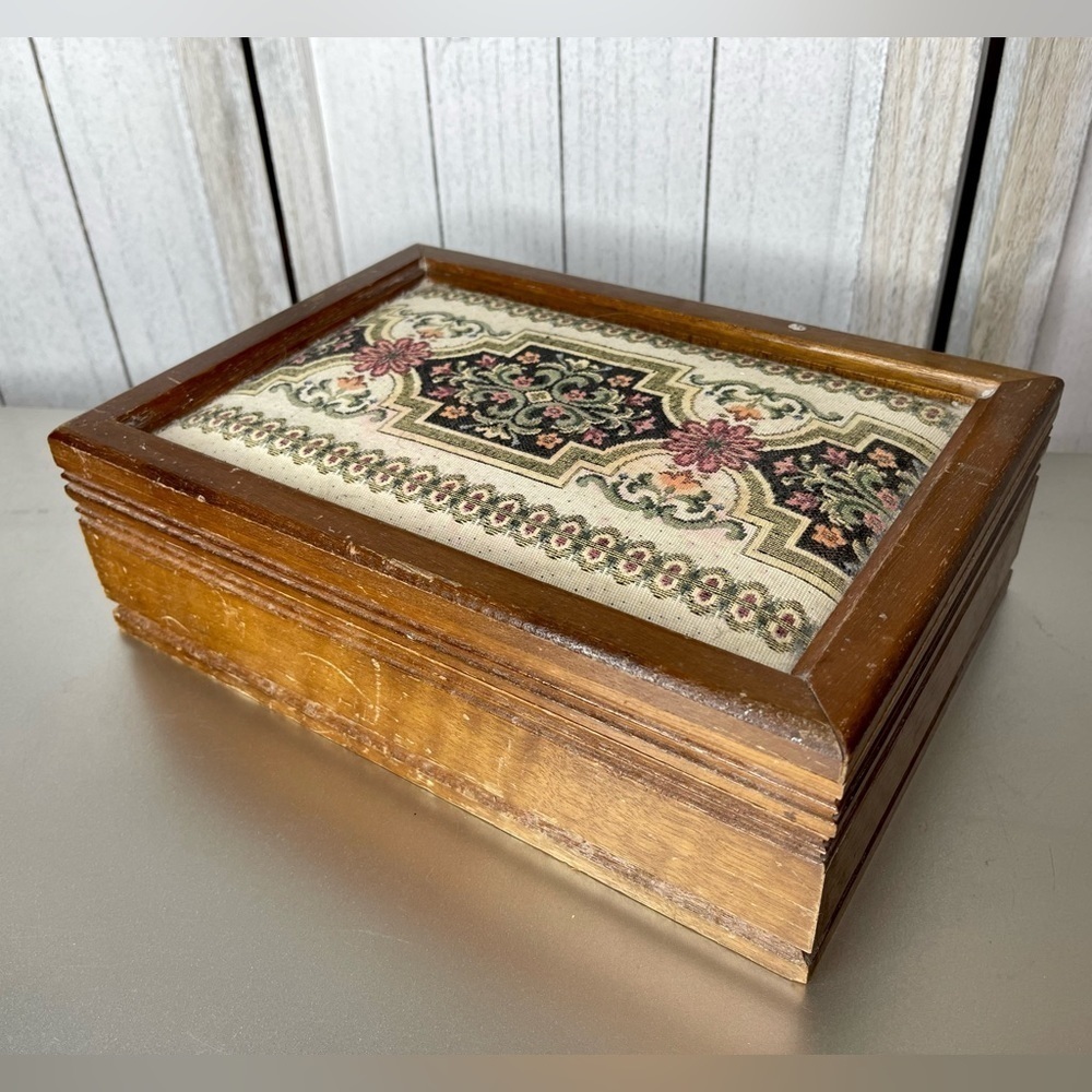 MCM Vintage Wooden Jewelry Box With Floral Tapestry Lid, Mirror Distressed